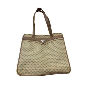 Vintage‎ Gucci GG Monogram Tote Bag Handbag Purse Brown Leather Trim